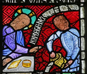 Fenster mit Darstellung von Christus und einem Diener bei der Hochzeit zu Kana